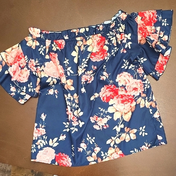 SHEIN Floral Off-Shoulder Top - Navy and Pink Ruffle Sleeves Women's M - Picture 1 of 4
